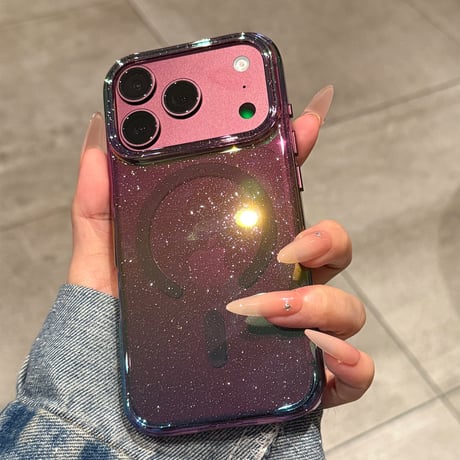 オーロラキラキラグラデーション iPhone18Pro/18ProMaxケース MagSafe対応 iPhone17ProMax/16ケース ラメ入り おしゃれ 透明 耐衝撃 [M6807]