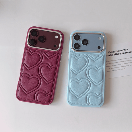 ハート/リボン柄 レザー調 iPhone18Pro/18ProMaxケース ぷっくりキルティング iPhone17/16proケース 大人かわいい[M6780]