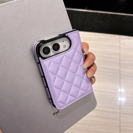 iPhone Duo専用ケース キルティング手帳型 レザー製調 カードポケット・クリア窓付き 菱形 便利 [M6848]