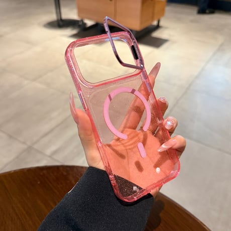 キラキラクリア MagSafe対応 iPhone18Pro/18ProMaxケース カメラスタンド付き iPhone17Pro/16ケース ラメ入り メタルフレーム[M6733]