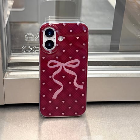 バーガンディに合う iPhone18Pro/18ProMaxケース リボン／ハート柄  チェック柄 オトナ可愛い iPhone17/16/15Proカバー  大人ガーリー[M6849]