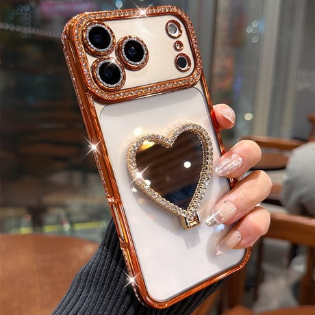 ハートミラースタンド付 iPhone17/17Proケース ジュエリーライン iPhone16/15Proケース 綺麗 オシャレ 人気品[M6593]