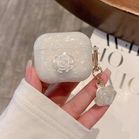 【Airpods5】ツバキの花  Airpods Pro3/22ケース 貝殻紋  airpods4カバー  アクセサリー付き  お洒落 ガールズに人気 [M2521]