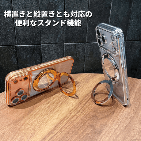 iPhone18Pro/17ケース 鏡付Magsafeリングスタンド iPhone16/15Proケース  ストーン  綺麗 多機能 コスパ最強[M3769]