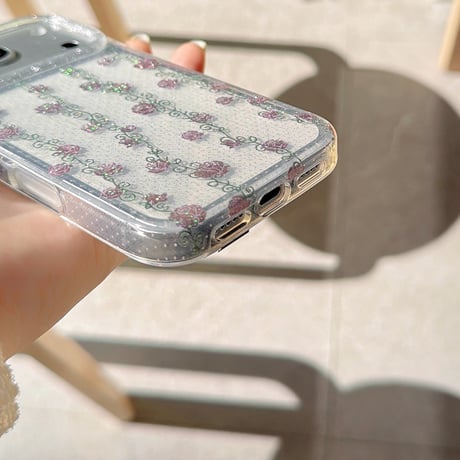 花柄 iPhone17Pro/17ケース ラメ入り iPhone16Pro/15ProMaxケース おしゃれ キラキラ感[M6643]