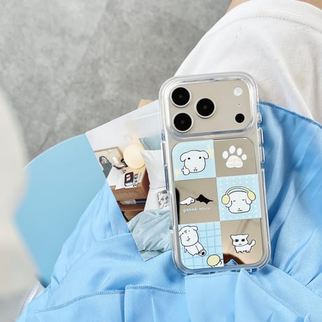 ワンちゃんミラー iPhone17Pro/17ケース ブルー iPhone16Pro/15Pro/14ケース 丈夫 夏に人気[M6550]