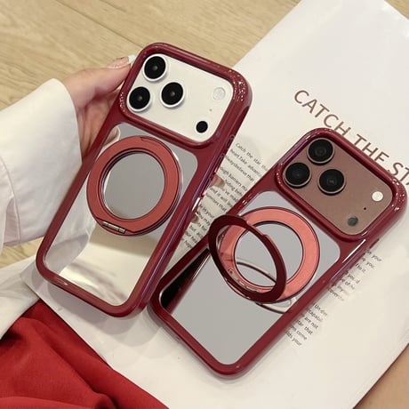 ミラー付き iPhone18Pro/18ProMaxケース リングスタンド一体型 iPhone17/16Pro/15カバー  丈夫 多機能 メイク直しも動画視聴もこれ1つ [M6873]