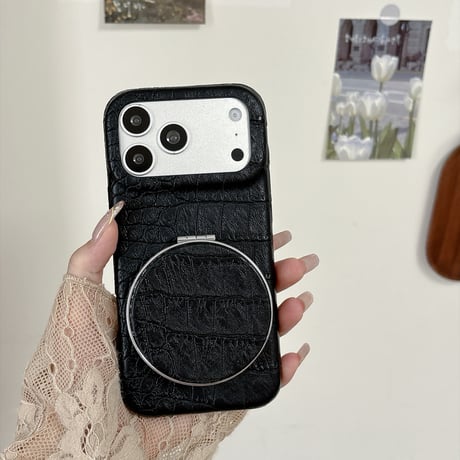 ミラー＆スタンド付き iPhone18Pro/17Proケース クロコ柄レザー iPhone16Pro/15ケース くすみカラー 高級感たっぷり 1台2役 [M6867]