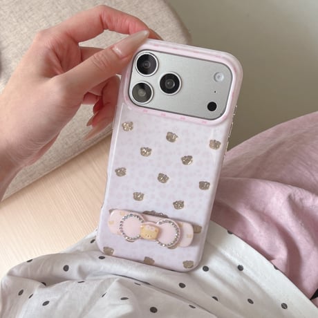 リボンスタンド iPhone17Pro/17ケース 熊さん iPhone16Pro/15/14ケース 淡色系 ガーリーファッション[M6608]