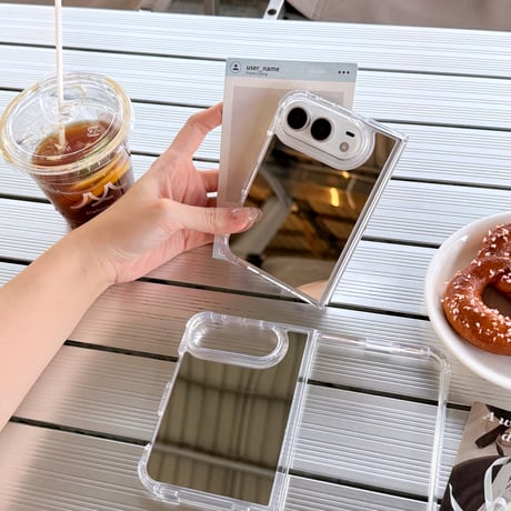 iPhone Duo専用ケース ミラー付き 四隅耐衝撃 カメラ周り保護 艶感 傷防止 メイク直しに便利[M6810]