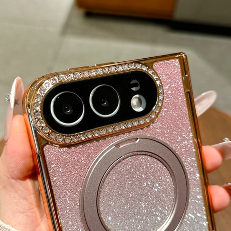 iPhone Duoケース MagSafe対応リングスタンド キラキラ グリッター 画面保護フィルム付 ダイヤカメラカバー ヒンジ保護 [M6860]