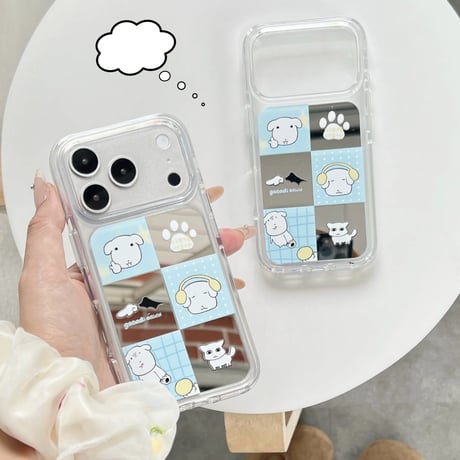 ワンちゃんミラー iPhone17Pro/17ケース ブルー iPhone16Pro/15Pro/14ケース 丈夫 夏に人気[M6550]