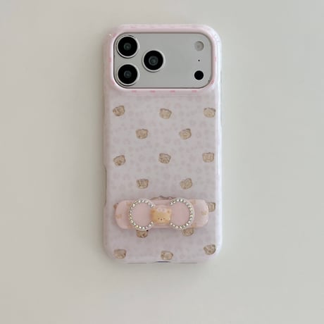 リボンスタンド iPhone17Pro/17ケース 熊さん iPhone16Pro/15/14ケース 淡色系 ガーリーファッション[M6608]