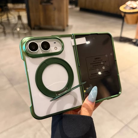 iPhone Duo専用ケース 360°回転リングスタンド付き 強化ガラスフィルム一体型 MagSafe対応 メッキ 高透明 耐衝撃 黄ばみにくい [M6815]