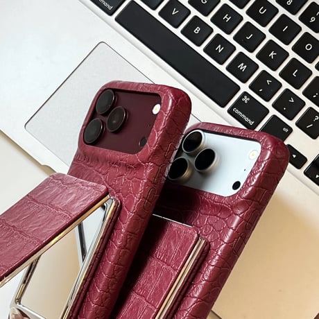 ミラースタンド付 iPhone18Pro/18ProMax クロコ型押し iPhone17/16/15カバー レザー調 高級感高品質 便利グッズ[M6856]