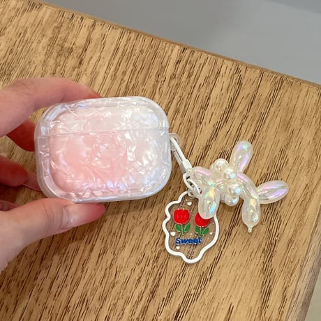 シェル風チューリップ柄 Airpods Pro3ケース ピンク Airpods4/3カバー pro2/pro1 真珠デコ犬ちゃん ギフトにおすすめ[M6596]