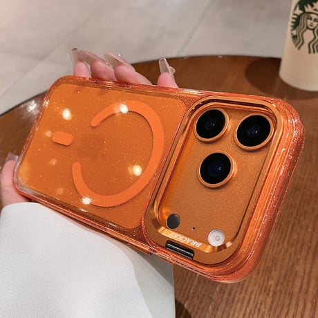 キラキラクリア MagSafe対応 iPhone18Pro/18ProMaxケース カメラスタンド付き iPhone17Pro/16ケース ラメ入り メタルフレーム[M6733]