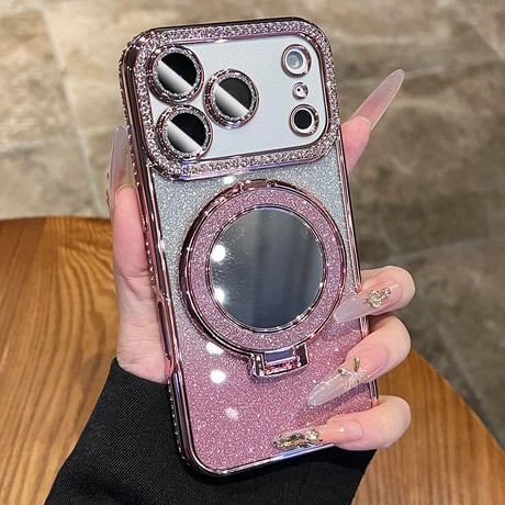 iPhone18Pro/17ケース 鏡付Magsafeリングスタンド iPhone16/15Proケース  ストーン  綺麗 多機能 コスパ最強[M3769]