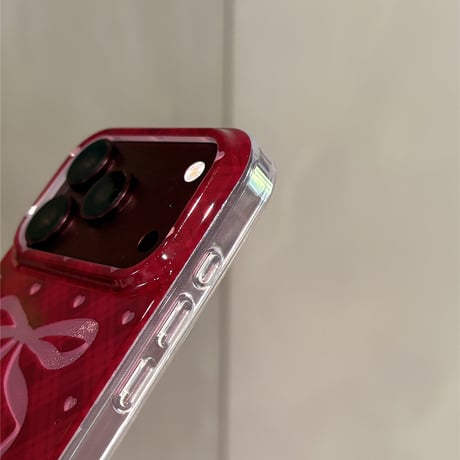 バーガンディに合う iPhone18Pro/18ProMaxケース リボン／ハート柄  チェック柄 オトナ可愛い iPhone17/16/15Proカバー  大人ガーリー[M6849]