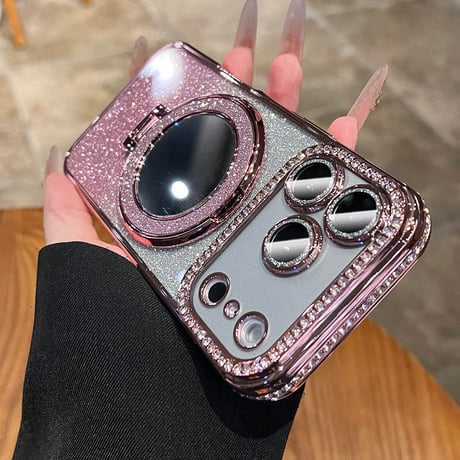 iPhone18Pro/17ケース 鏡付Magsafeリングスタンド iPhone16/15Proケース  ストーン  綺麗 多機能 コスパ最強[M3769]