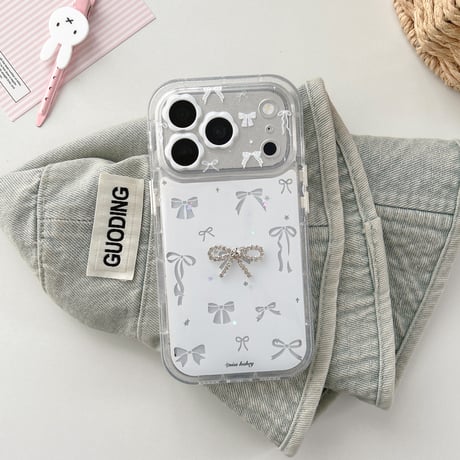 リボン柄 iPhone17Pro/17ケース 花ストラップ iPhone16Pro/15ProMaxケース カメラ保護カバー ホワイト[M6564]