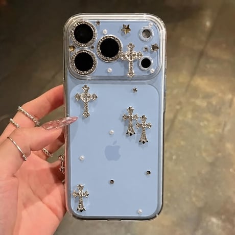 クロスモチーフ×パール ビジューデコ iPhone18Pro/18ProMaxケース クリア iPhone17/16Pro/15カバー 個性  トレンドファッション[M6765]