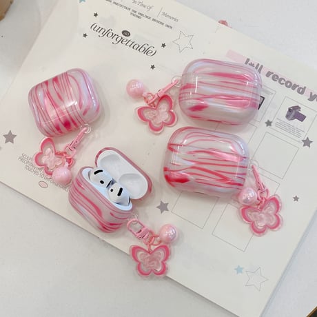 艶感シェル風 Airpods Pro3ケース 蝶キーホルダー Airpods 4/3カバー  AirpodsPro2/1  ピンク プレゼントにおすすめ [M6656]