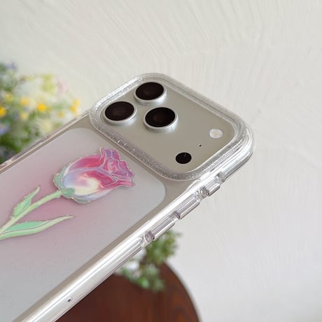 バラ柄 iPhone18Pro/17Proケース キラキララメ入り iPhone17/16Pro/15/14ケース 光沢感 可愛い 美しい[M6624]