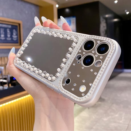 真珠とジュエリーデコ ミラー iPhone17pro/17ケース カメラ保護 iPhone16promax/15/14/13proカバー カラーフレーム きれい[M6570]