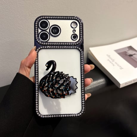 スワンミラースタンド付 iPhone17/17Proケース ジュエリーフレーム iPhone16/15Proケース 綺麗 オシャレ 実用[M6645]