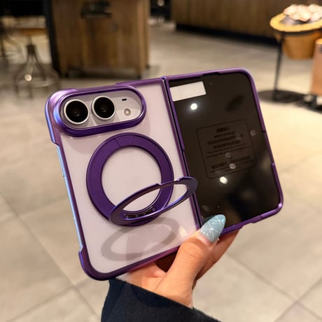 iPhone Duo専用ケース 360°回転リングスタンド付き 強化ガラスフィルム一体型 MagSafe対応 メッキ 高透明 耐衝撃 黄ばみにくい [M6815]