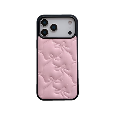 リボン レザーiPhone18Pro/17Proケース ピンク/ブラック iPhone17/16Pro/15/14ケース 光沢感 可愛い 美しい[M6646]