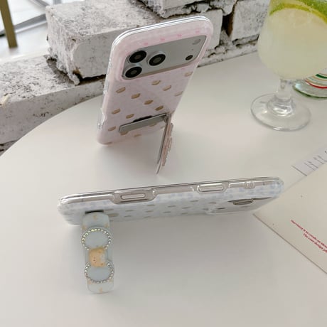 リボンスタンド iPhone17Pro/17ケース 熊さん iPhone16Pro/15/14ケース 淡色系 ガーリーファッション[M6608]