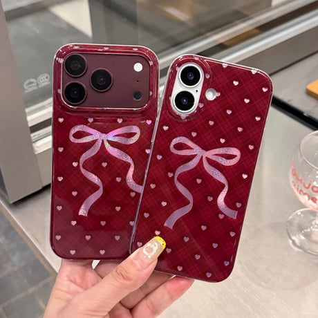 バーガンディに合う iPhone18Pro/18ProMaxケース リボン／ハート柄  チェック柄 オトナ可愛い iPhone17/16/15Proカバー  大人ガーリー[M6849]