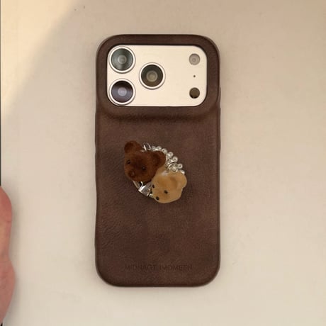 熊ちゃんパールリング付き iPhone18Pro/18ProMaxケース レザー調 iPhone17Pro/16/15カバー ヴィンテージライク 大人可愛い[M6837]