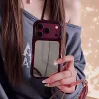 バーガンディ ミラー付き iPhone18Pro/18ProMaxケースクリアフレーム iPhone17/16Pro/15カバー メイク直し＆自撮り対応[M6791]