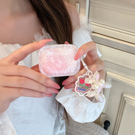 シェル風チューリップ柄 Airpods Pro3ケース ピンク Airpods4/3カバー pro2/pro1 真珠デコ犬ちゃん ギフトにおすすめ[M6596]