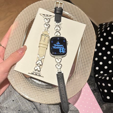 レザーとメタル AppleWatchバンド 水玉模様ハート アップルウォッチバンド Series11/10/9 8 7 6 5 4  3 2 SE3 SE2 Ultra3 かわいい[M6548]