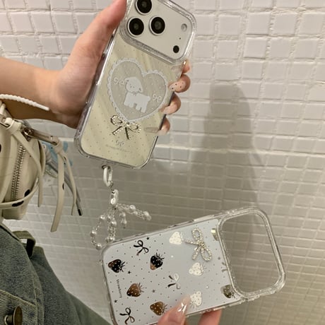 可愛いミラー iPhone17Pro/17ケース イチゴ/ウサギ/ワンちゃん/レース iPhone17Promax/16Pro/15ケース 真珠ストラップ[M6663]