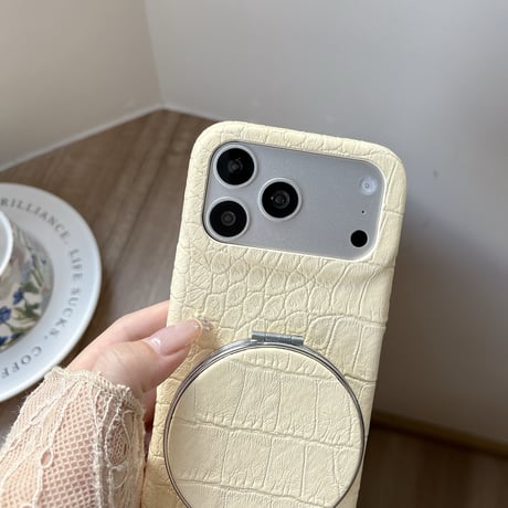 ミラー＆スタンド付き iPhone18Pro/17Proケース クロコ柄レザー iPhone16Pro/15ケース くすみカラー 高級感たっぷり 1台2役 [M6867]