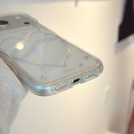 きらめくハート＆星柄 iPhone18Pro/18ProMaxケース グリッタークリア iPhone17Pro/16カバー パール風ハンドストラップ付き [M6885]