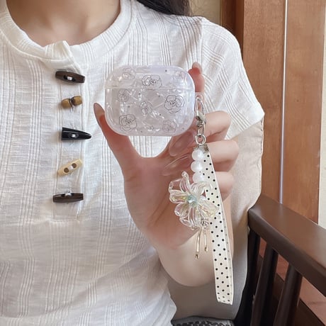 シェル風薔薇柄 Airpods Pro3ケース 花キーホルダー付 Airpods 4/3カバー  AirpodsPro2/1  ホワイト 女子力アップ [M6683]