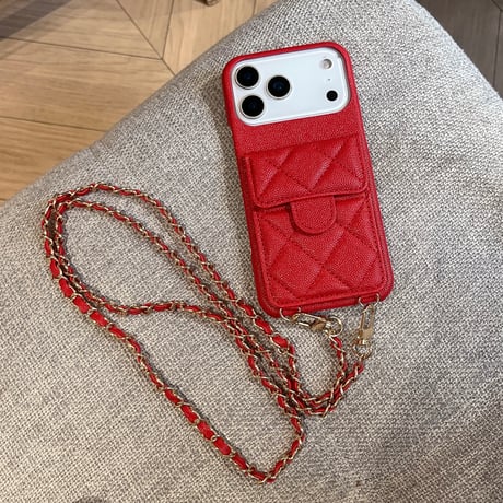 カード収納＆スタント機能 iPhone18Pro/18ProMaxケース レザー調 キルティング iPhone17/16Pro/15カバー  ショルダーストラップ付き[M6794]