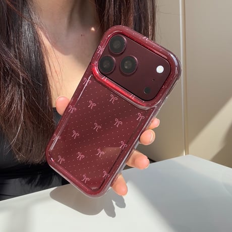 リボン柄 iPhone18Pro/17ケース 艶カラー iPhone17Pro/16/15ProMaxカバー オーガンジーストラップ[M6763]