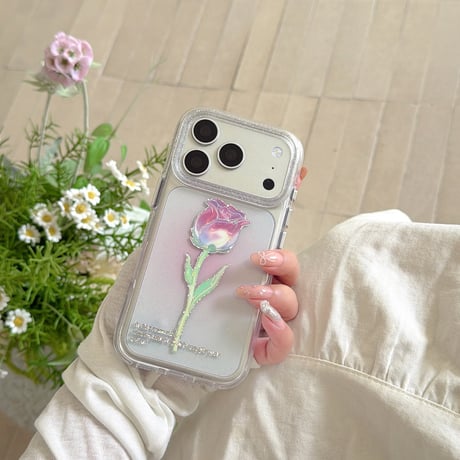 バラ柄 iPhone18Pro/17Proケース キラキララメ入り iPhone17/16Pro/15/14ケース 光沢感 可愛い 美しい[M6624]
