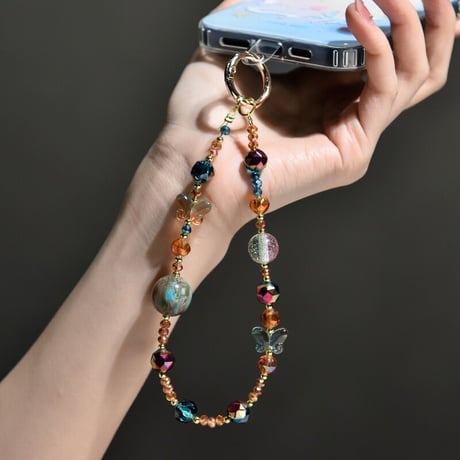 木星とクリスタル スマホストラップ 蝶 チャーム 高級感 お洒落  女子力アップ  iPhone、Xperia、Google Pixe、AQUOS、Xiaomi、Galaxy  [M6686]