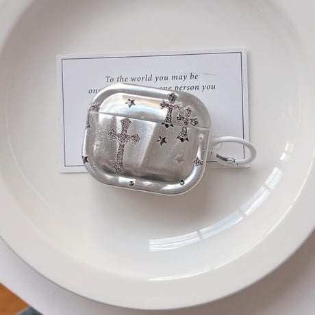 Airpods 5ケース クロス＆スターデザイン オーロラ Airpodspro3/2/カバー 大人可愛い Airpods4/3  ラメ入り・リング付き[M6864]