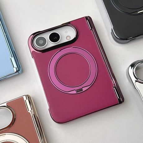 iPhone Ultra Foldケース 360度回転スタンド 高級レザー Magsafe対応 ヒンジ保護 耐衝撃折りたたみ メッキフレーム  [M6713]