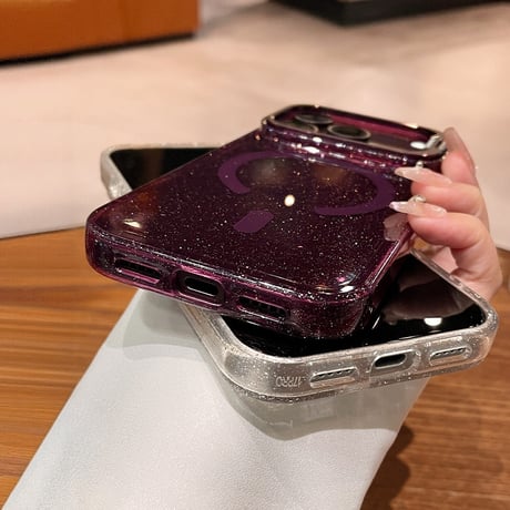 キラキラクリア MagSafe対応 iPhone18Pro/18ProMaxケース カメラスタンド付き iPhone17Pro/16ケース ラメ入り メタルフレーム[M6733]