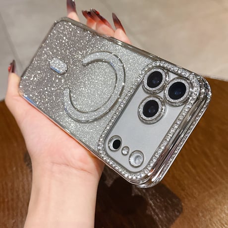 MagSafe対応 ラインストーン iPhone18Pro/18ProMaxケース グラデーションラメ iPhone17Pro/16ケース カメラ保護レンズ一体型 [M6816]